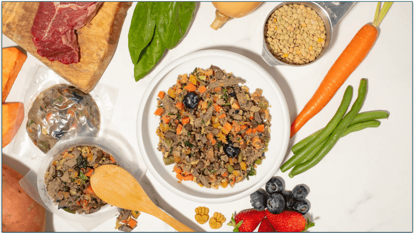 Image of PawFoods Steak Sensation recipe surrounded by images of the ingredients