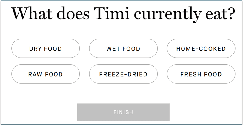 Current diet options on Pure's meal personalization quiz
