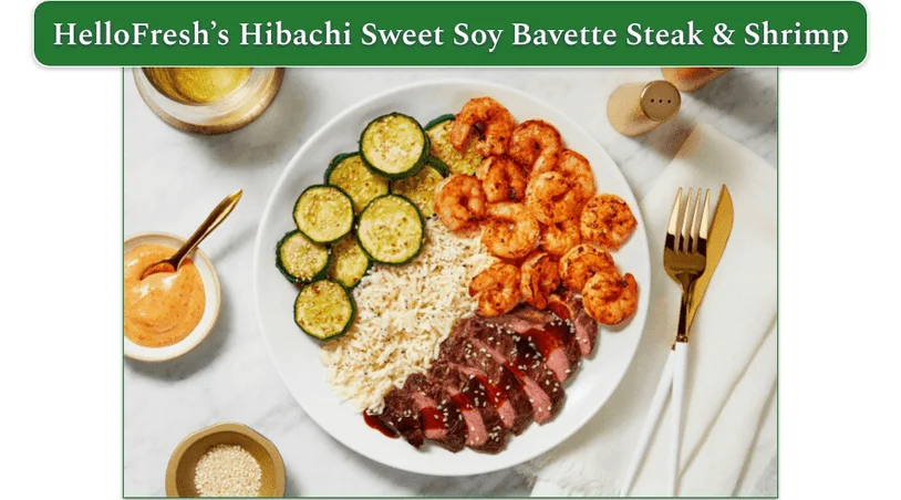 Hibachi Sweet Soy Bavette Steak & Shrimp with Garlic Rice, Sesame Zucchini and Spicy Special Sauce from HelloFresh.