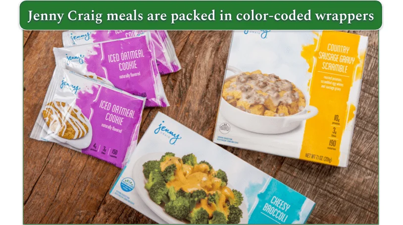 Several Jenny Craig entrees and snacks on a table