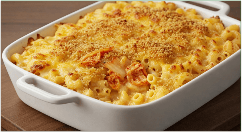 Creamy mac and cheese topped with spicy kimchi.