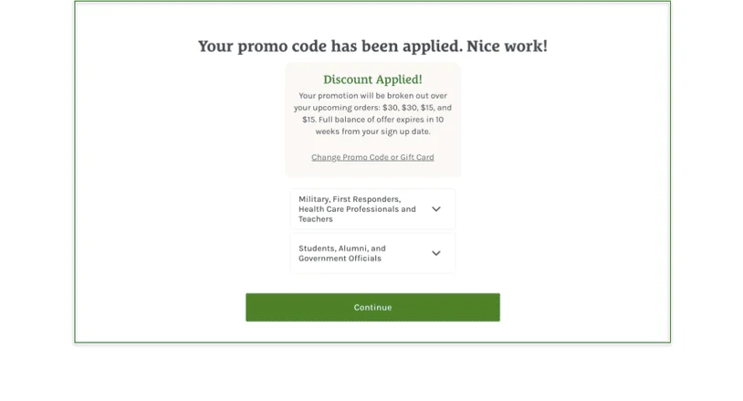 Screenshot of Fresh and Easy's discount page, where they offer discounts for military personnel, first responders, teachers, and other groups.