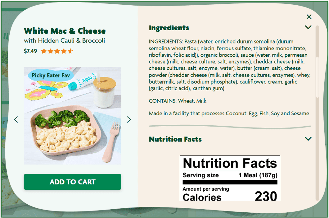 Ingredients list for Nurture Life's White Mac & Cheese dish