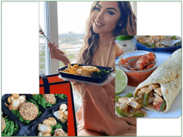 Woman eating a Jet Fuel Meal from the container with a fork and images of other dishes