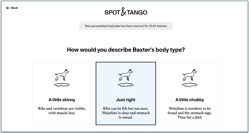 Screenshot of Spot & Tango’s quiz with a question on body type