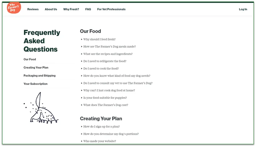 Screenshot of The Farmer's Dog FAQ page