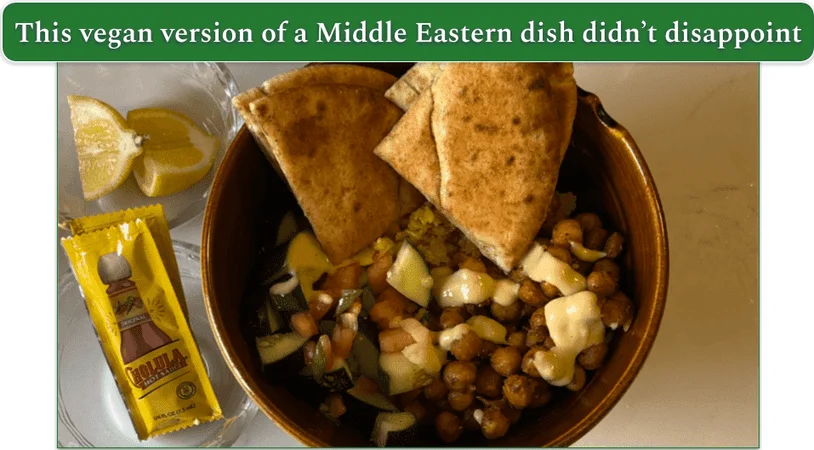 Vegan street cart-style chickpea bowls as prepared by our reviewer