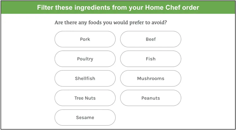 Screenshot of Home Chef's ingredient avoidance options