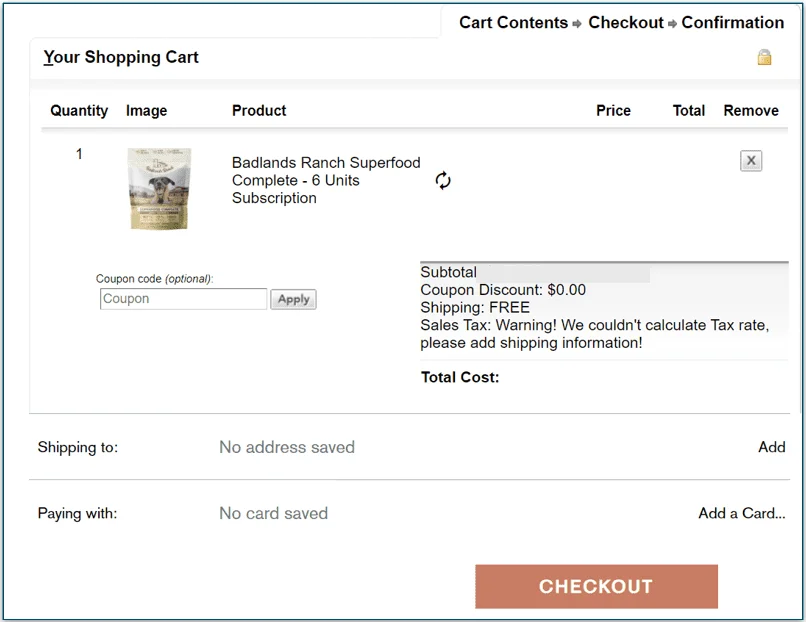 Screenshot of Badlands Ranch checkout window.
