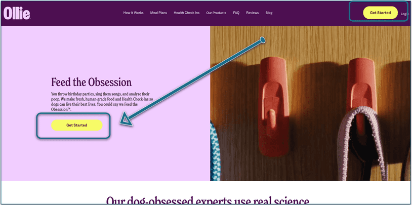 screengrab of Ollie homepage with Get started buttons highlighted