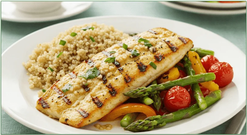 A plate of roasted tilapia and veggies beside some quinoa.