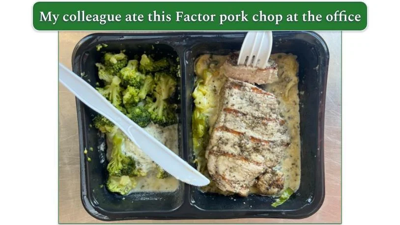 Factor Black Pepper Pork Chop with Broccoli in the microwaveable container from Factor