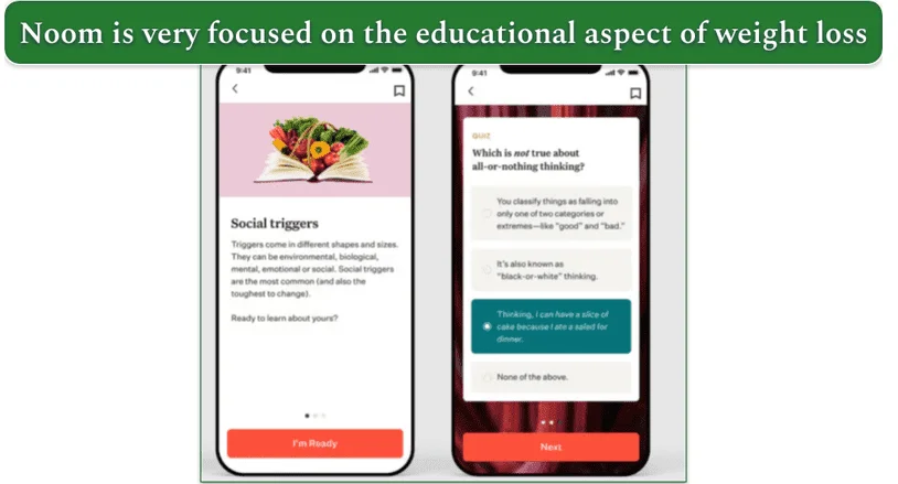 Screen capture of Noom's lessons and quizes