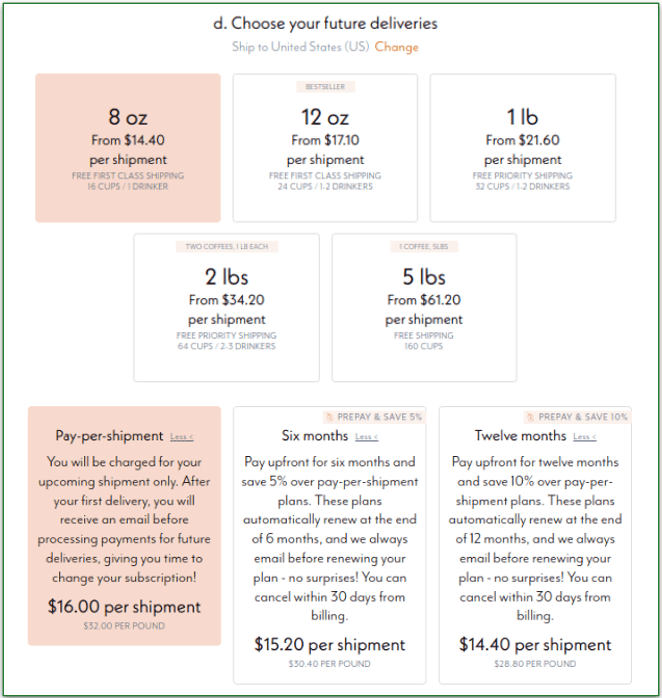 Driftaway Coffee's main box sizes and payment plans