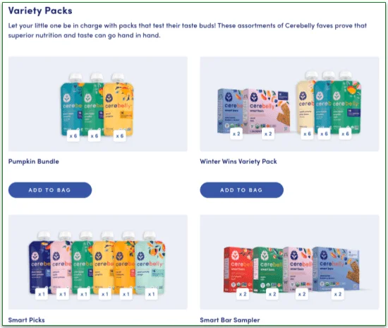 Menu screenshot of 4 Variety Packs offered by Cerebelly