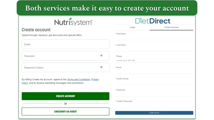 Nutrisystem and Diet Direct's account creation forms