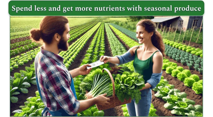 An image of a young lady buying green produce from a young farmer, with a field of crops in the background.