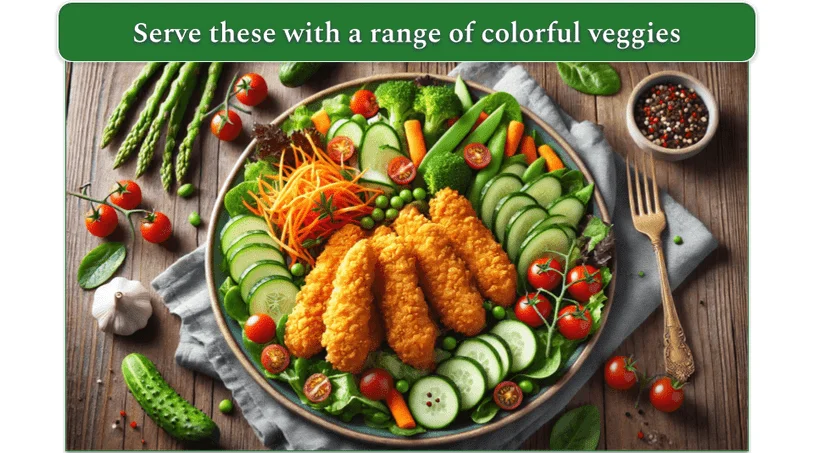 Crispy chicken tenders served with lots of vegetables on a plate