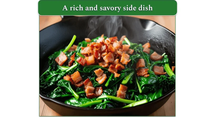 Beet Greens with Bacon in a pan, while cooking