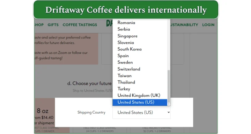 A partial list of the countries where Driftaway Coffee makes deliveries
