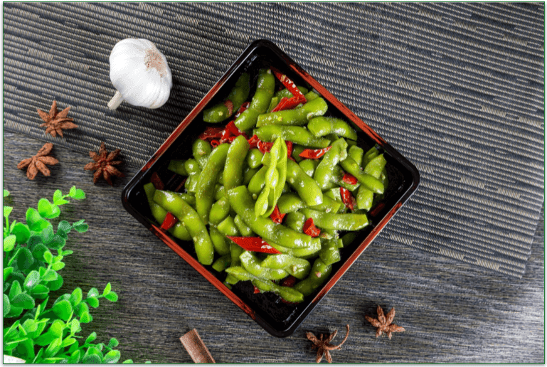Bowl of edamame with chili