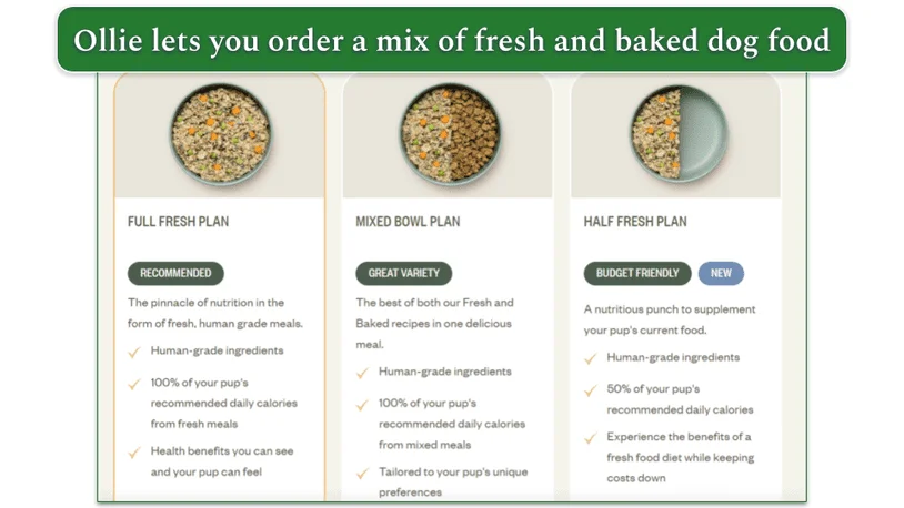 Ollie's plans: full fresh, mixed bowl, and half fresh