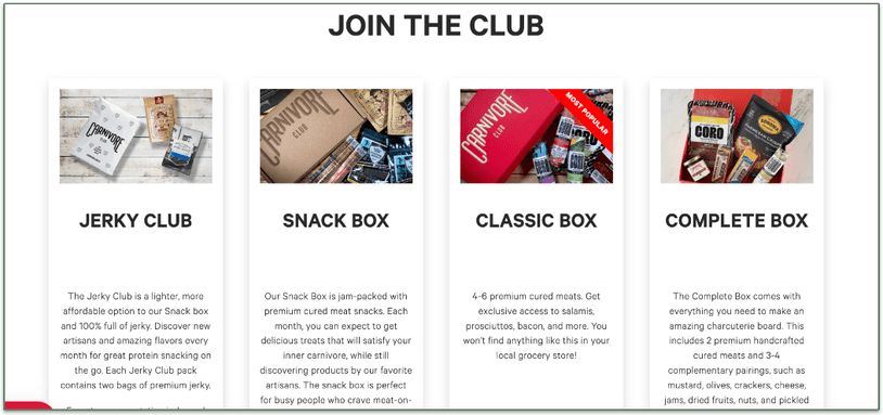 A screenshot of Carnivore Club's 4 subscription boxes with images and descriptions