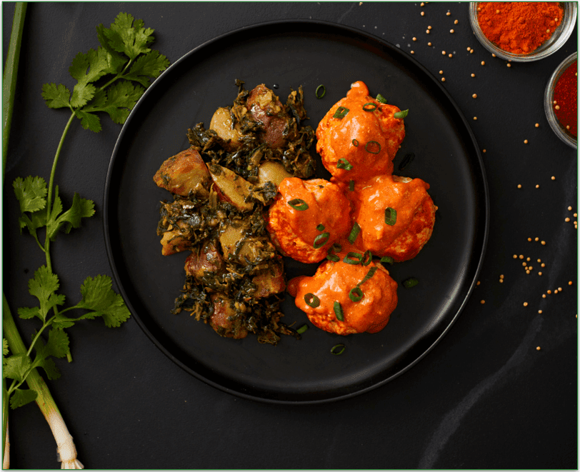 BistroMD's Chicken Tikka Masala Meatballs with Saag Aloo
