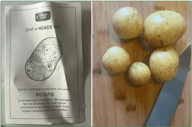 A handful of potatoes with a notice from Green Chef that they are not organic