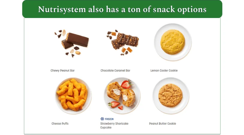 Image of 6 snacks on the Nutrisystem menu including cookies, bars, and cheese puffs