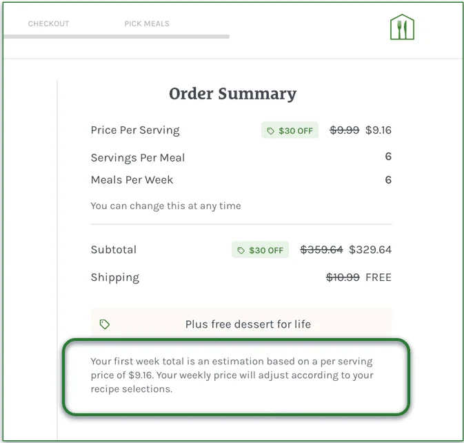 screenshot of Home Chef's Order Summary box