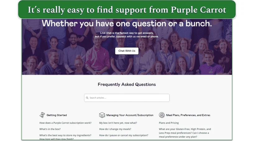 Purple Carrot's Customer Support page