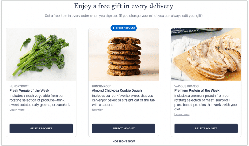 Screenshot of Hungryroot’s choose your free gift page