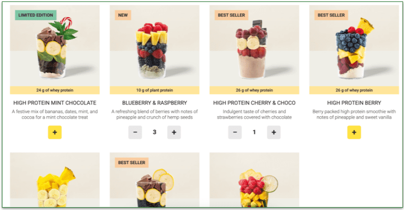 A portion of the Revive Superfoods menu with different quantities selected