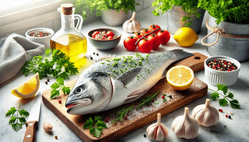 A rockfish on a board surrounded by garlic, lemon, tomatoes, and olive oil