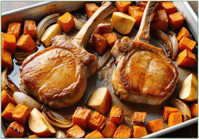 Sheet Pan Pork Chops and Sweet Potatoes right out of the oven