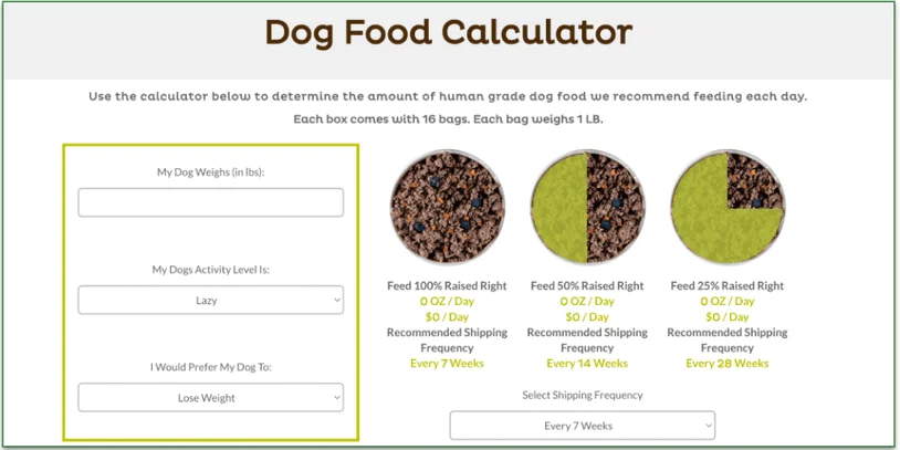 A custom plan showing dog food calculator