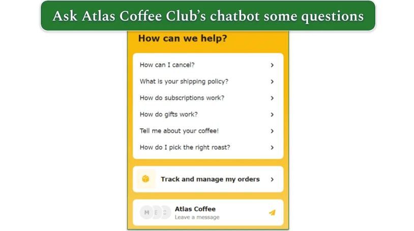 Screenshot of the chatbot screen listing options to click on