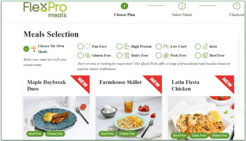 FlexPro Meals' Meal Selection page with Choose My Own Meals highlighted