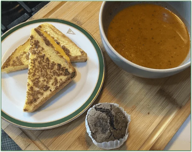Grilled cheese, tomato soup, and a chocolate brownie