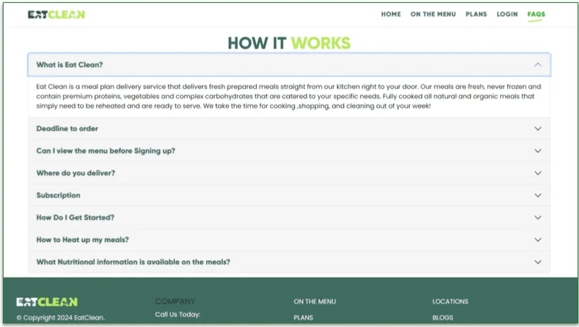 Screenshot of Eat Clean's FAQ page