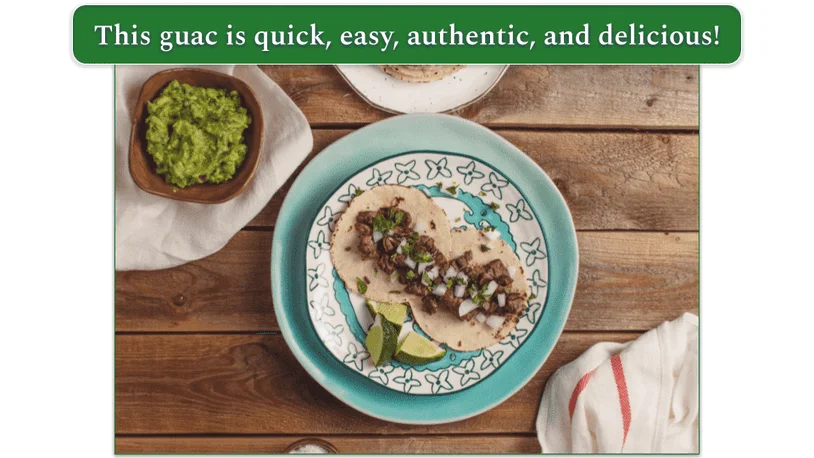 A dish of guacamole next to a plate of fresh tacos