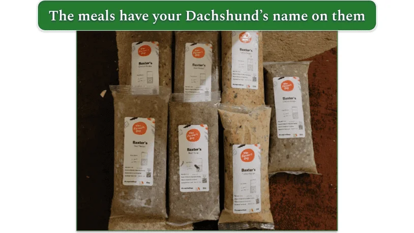 The Farmer’s Dog packaged meals labeled with Baxter’s name