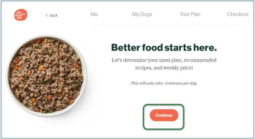Screenshot of the start of The Farmer's Dog questionnaire