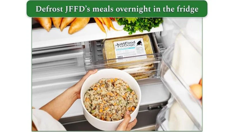 JFFD's meals in a fridge drawer and in a bowl for serving