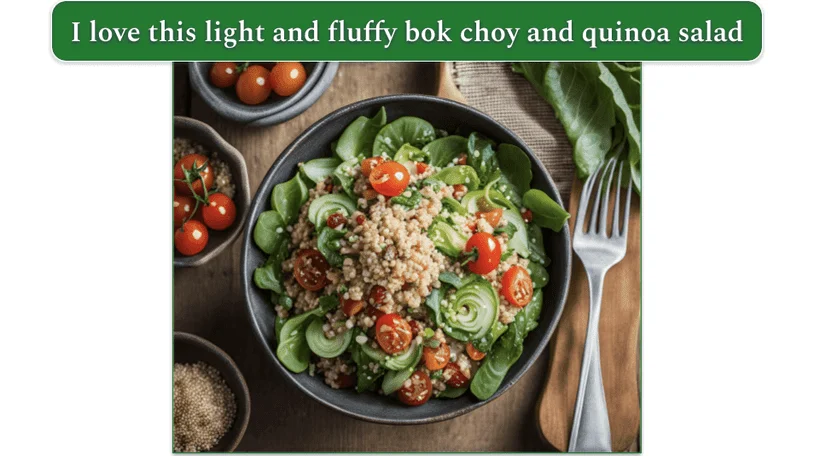 a bowl of bok choy and quinoa salad with cherry tomatoes
