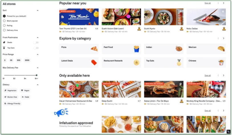 screenshot of Postmates merchant options by localized category