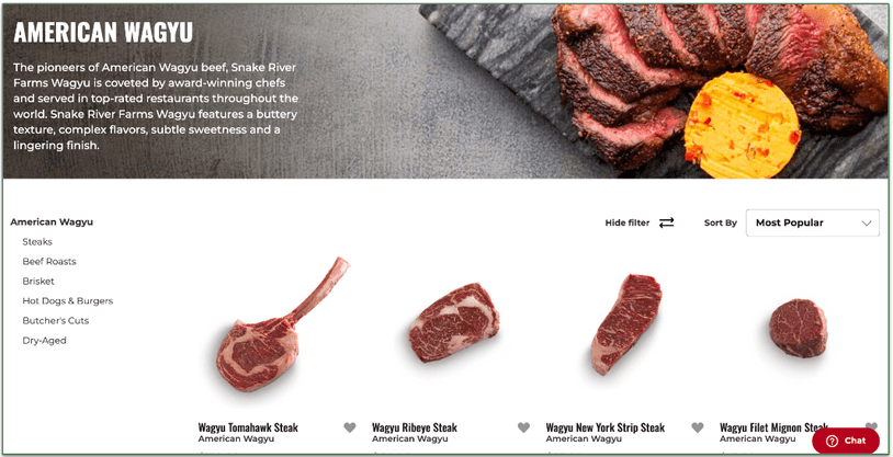 Screenshot of Snake River Farm's American wagyu menu