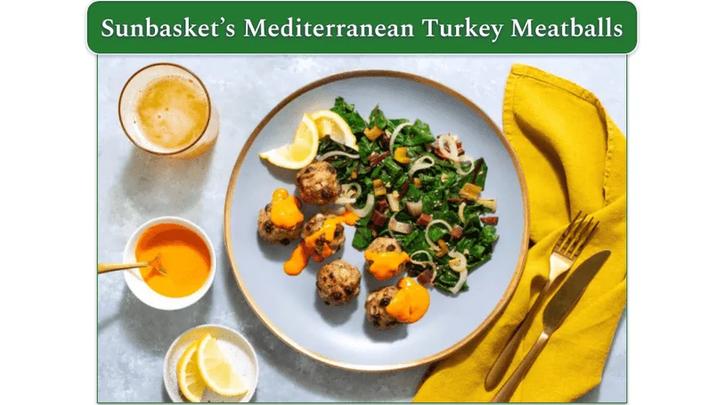 Sunbasket's Mediterranean Turkey Meatballs with Chard and Red Pepper-Cashew Crema