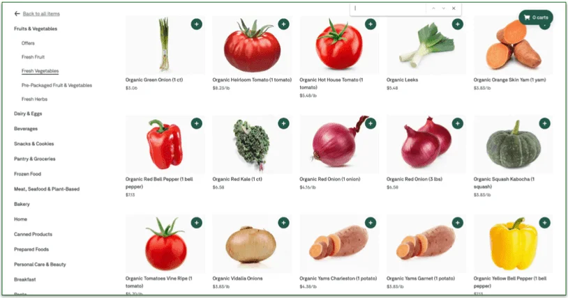 screenshot of organic produce from Safeway's menu on Postmates' platform